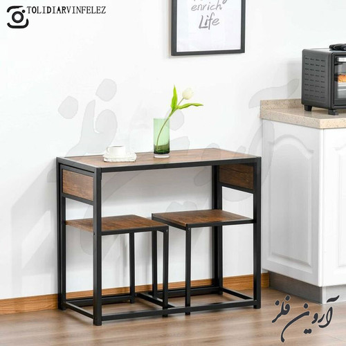 میز ناهار خوری دو نفره مدل ابریشم با صفحه چوب طبیعی گرم و پایه فلزی مشکی